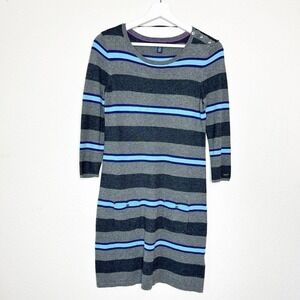 Tommy Hilfiger Button Shoulder Gray and Blue Striped Pocketed Sweater Dress XS
